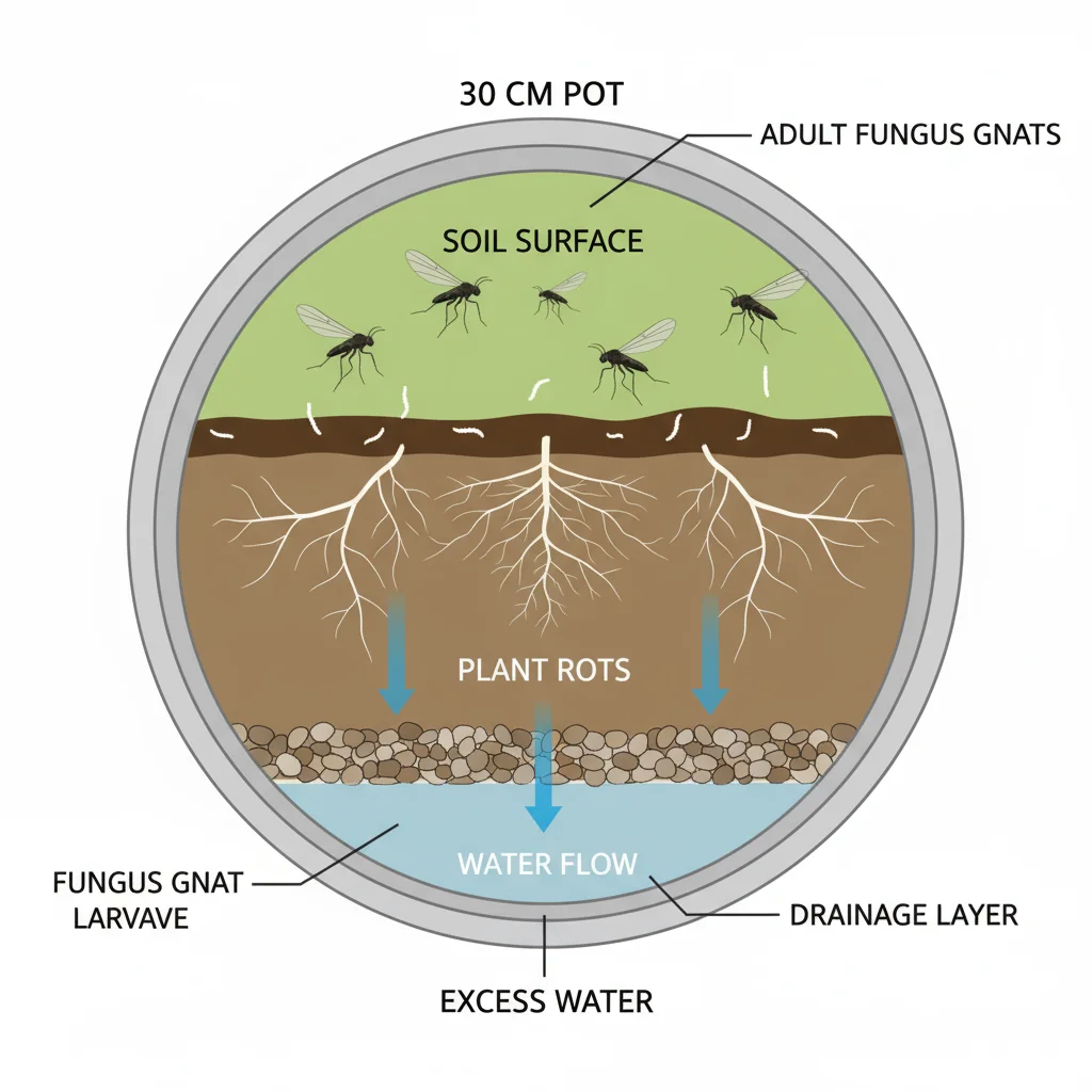 Fungus gnat diagram: 30cm pot, soil, larvae. Arrows show water flow. Adult gnats hover above. Labels indicate key parts.