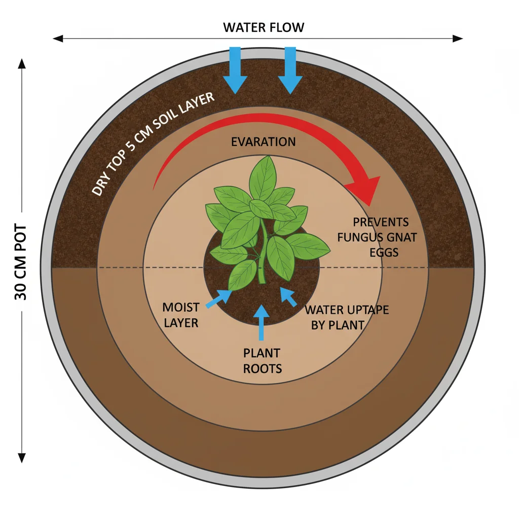 Fungus gnat prevention diagram: 30cm pot, dry topsoil, moist lower soil, arrows show water flow. Labels indicate moisture management.