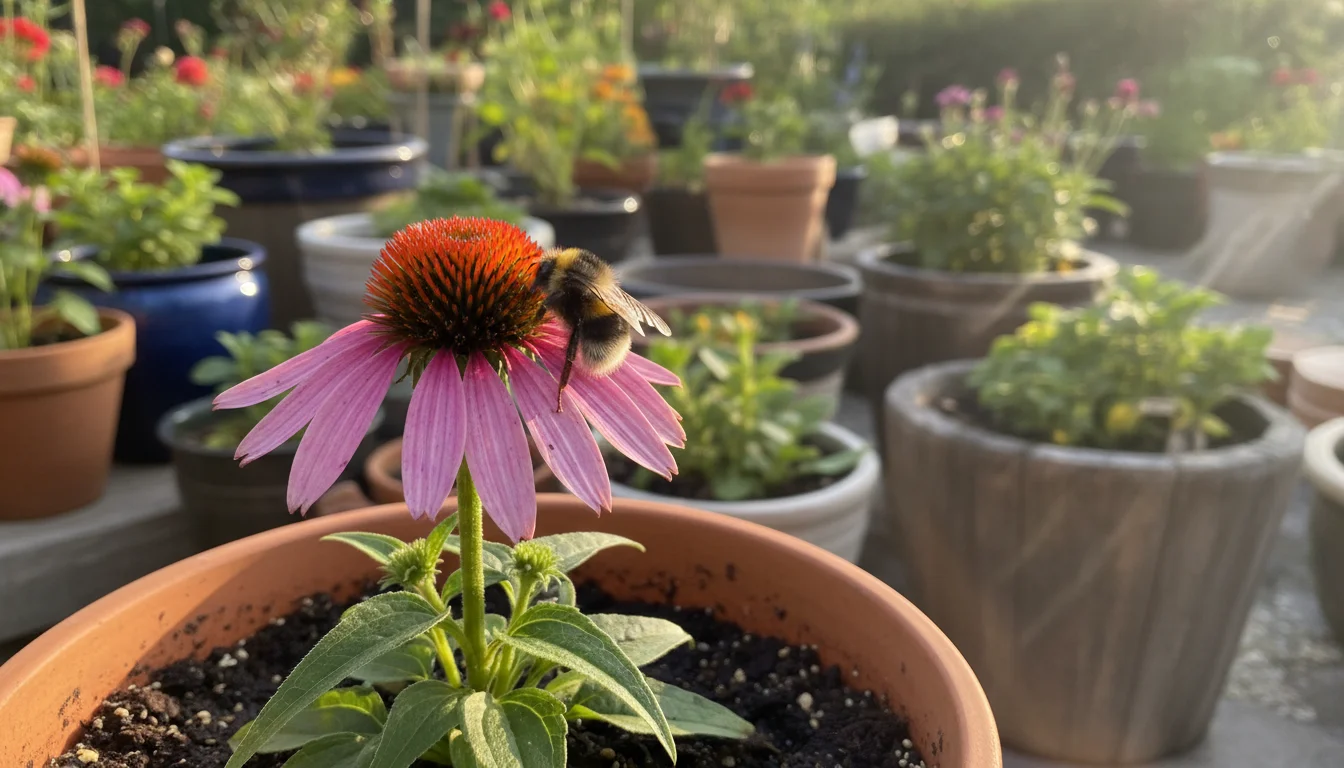 A fuzzy bumblebee foraging nectar on a vibrant purple coneflower in a terracotta pot, bathed in warm afternoon sun on a patio.