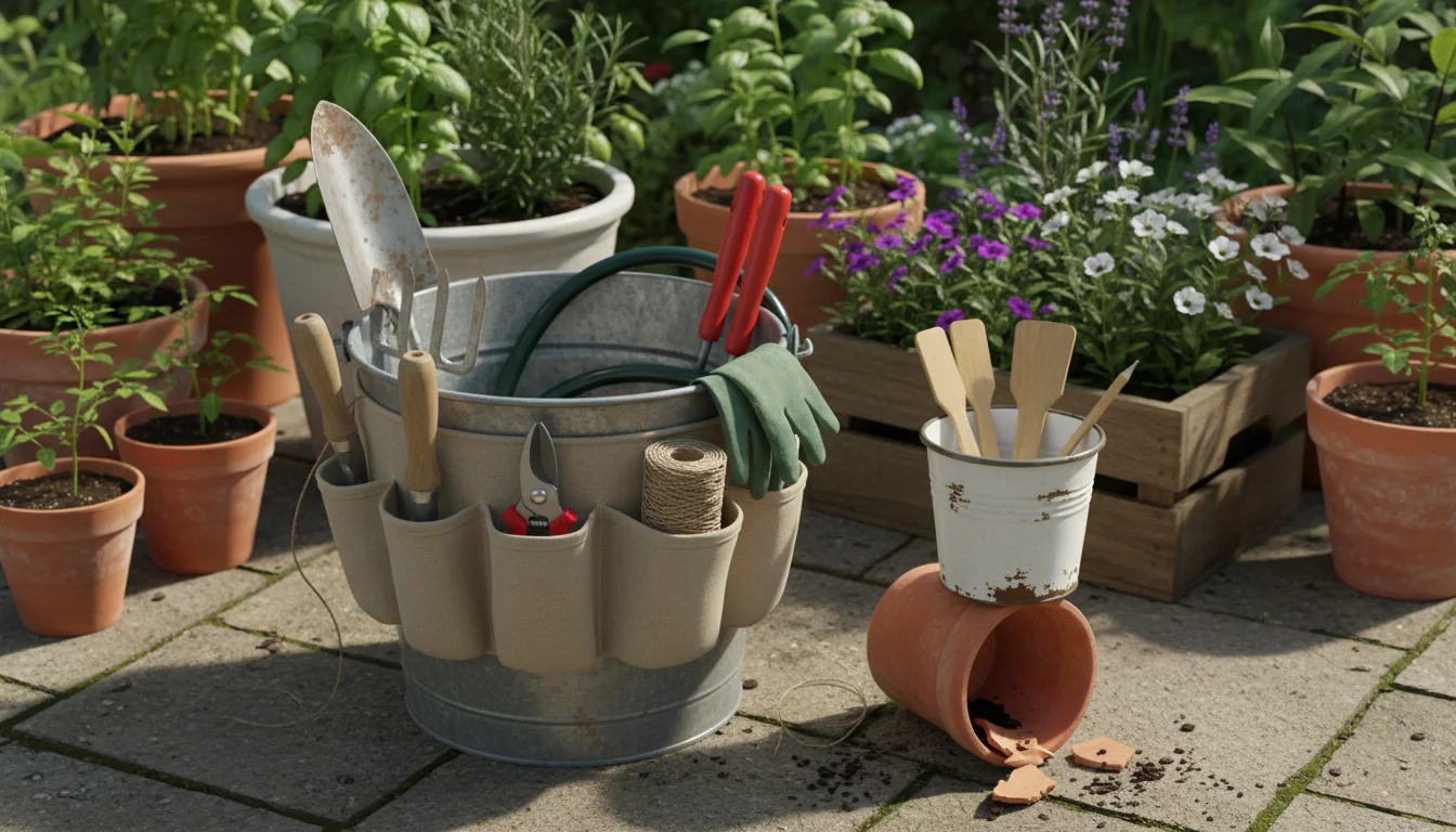 A galvanized 5-gallon bucket with a fabric tool organizer on a patio, holding garden tools. A small white pail with labels is nearby.