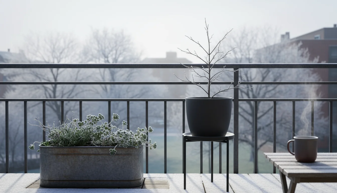 Galvanized steel planter with frosted sedum and powder-coated iron stand holding a resin pot on a winter balcony.