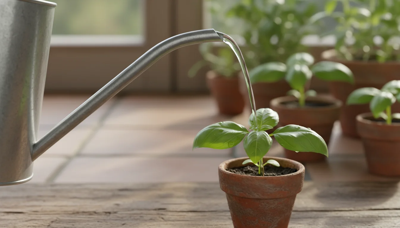 Close-up of a galvanized steel watering can's slender spout precisely watering a small basil seedling in a terracotta pot on a sunny patio.