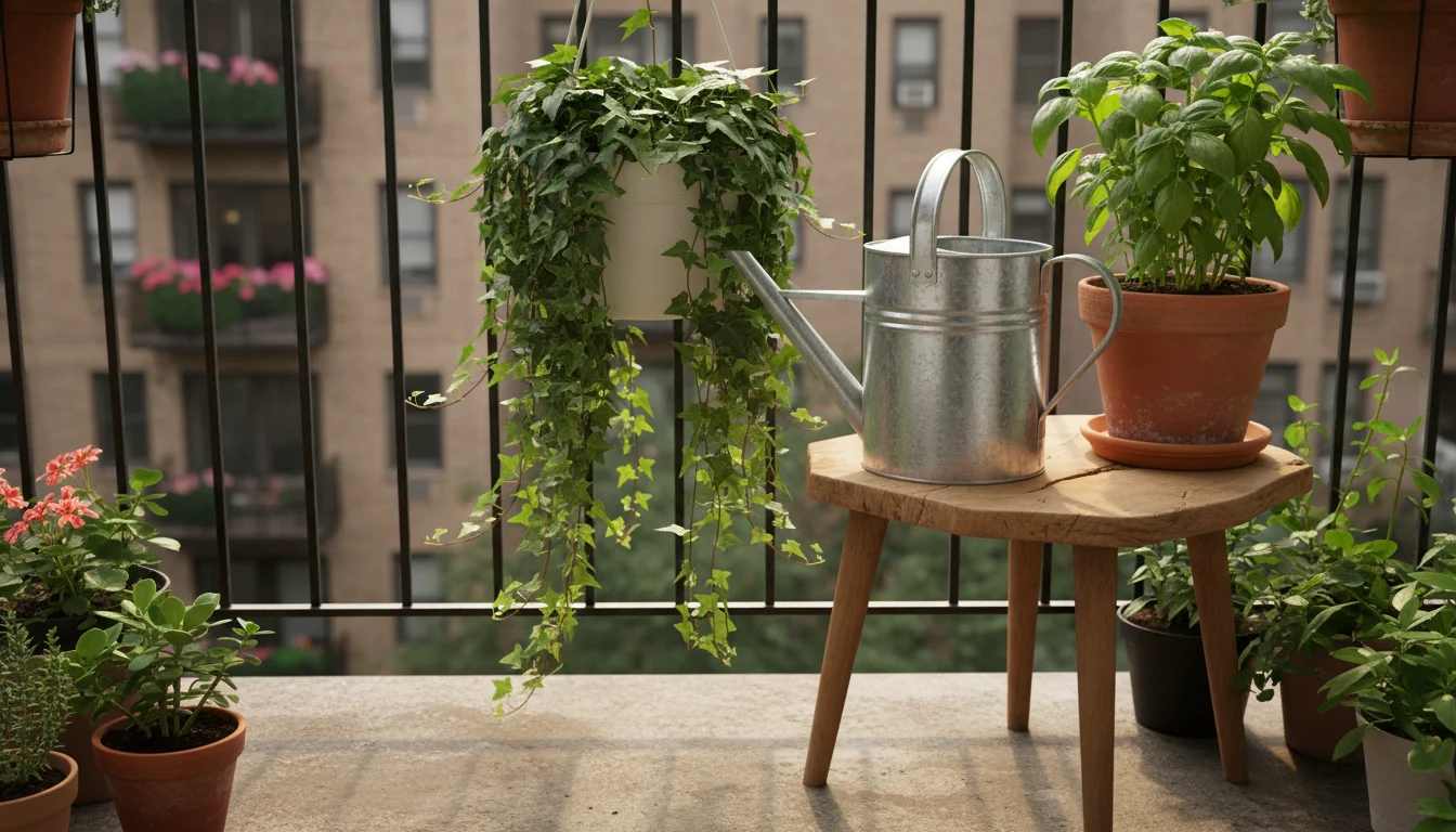 Galvanized watering can filled with water sitting on a small wooden table on a balcony, next to a basil plant and trailing ivy.