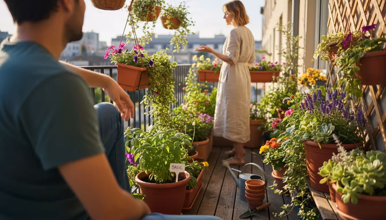 A garden owner points to a 'Water Daily' label on a terracotta pot, explaining plant care to a friend in a sun-dappled container garden.
