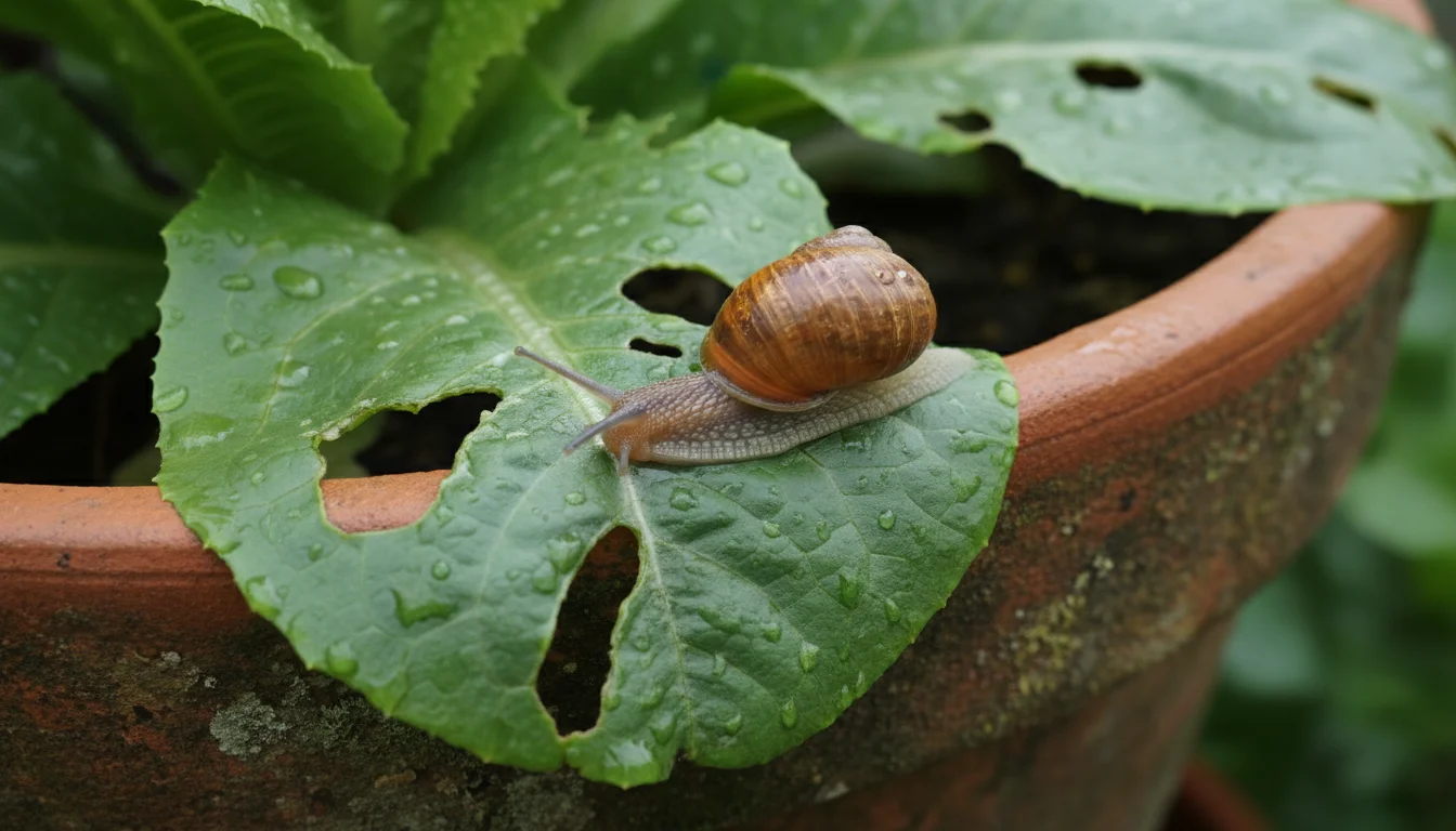 A garden snail glides across a damaged, hole-riddled green leaf in a terracotta pot, leaving a shiny, silvery slime trail.