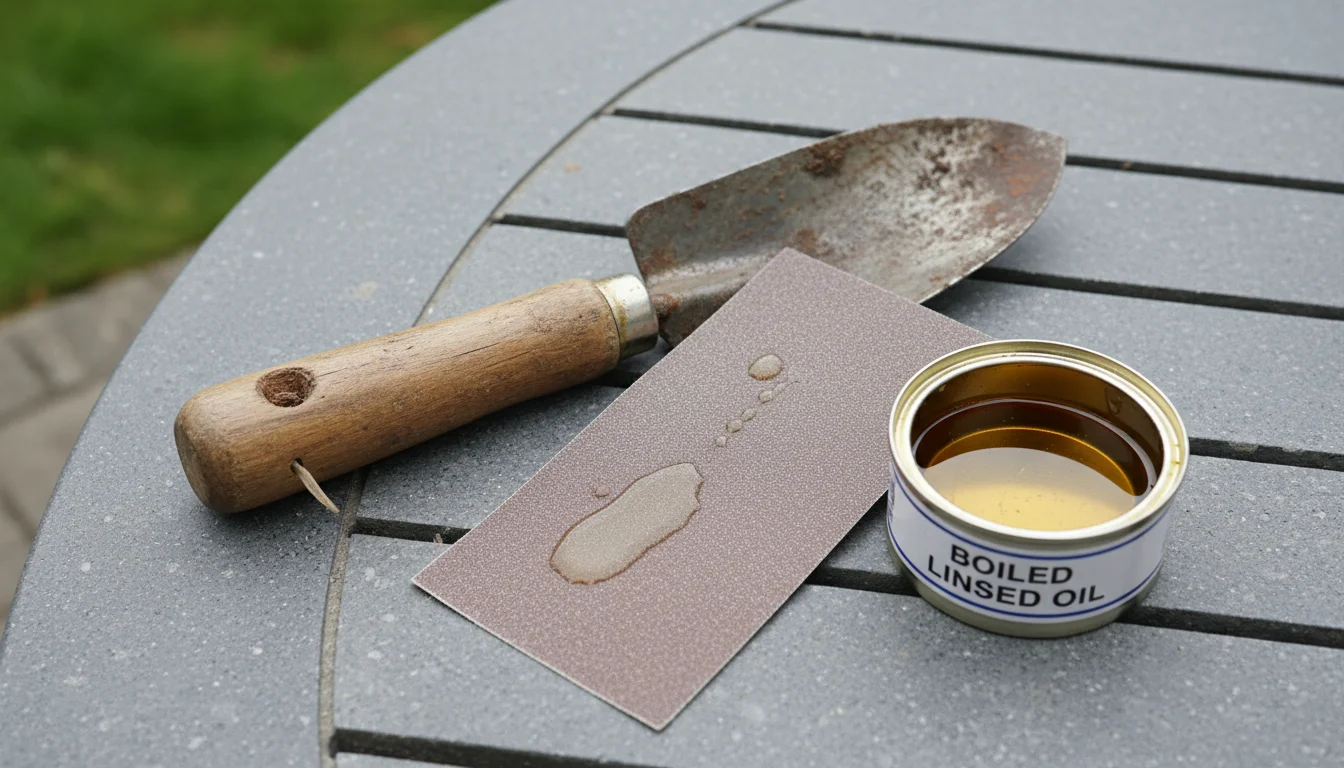 A close-up of a garden trowel with a dull wooden handle on a weathered patio table, next to sandpaper and a can of linseed oil.