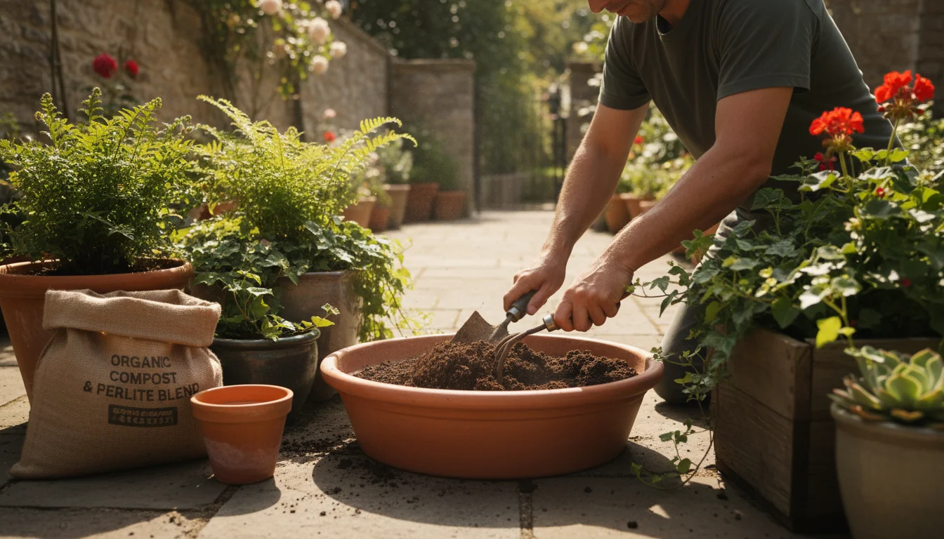 A gardener actively mixes dark potting mix in a terracotta tub on a sunny patio, with an open amendment bag and lush container plants.
