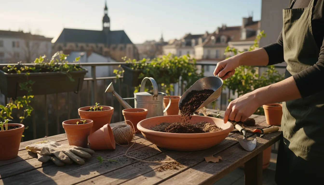 Gardener adds dark compost to used potting mix in a basin on a rustic table, surrounded by fertilizer, perlite, and a trowel, on a sunny balcony.