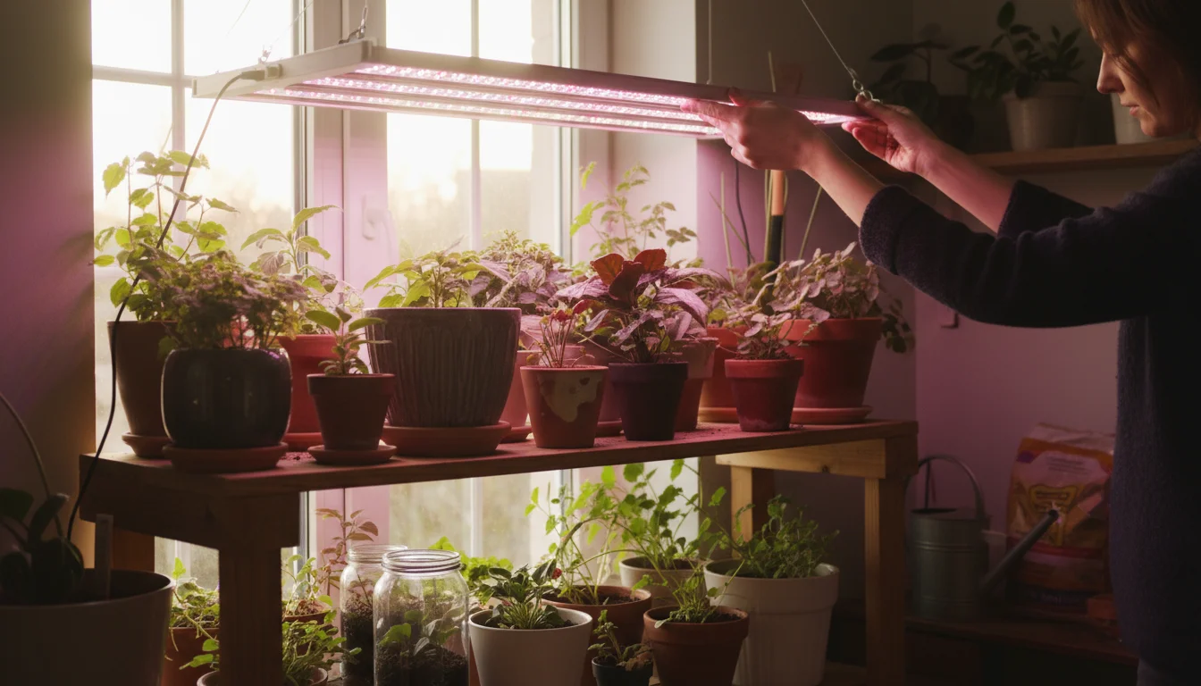 Gardener adjusts an LED grow light over tiered potted plants on wooden shelves near a sunlit window.