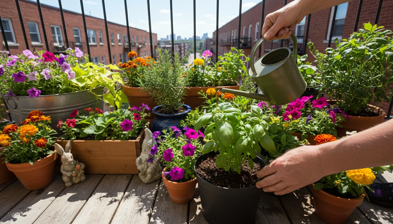 Overhead view of a gardener applying liquid organic fertilizer to a potted basil plant amidst diverse containers on a sunny balcony.
