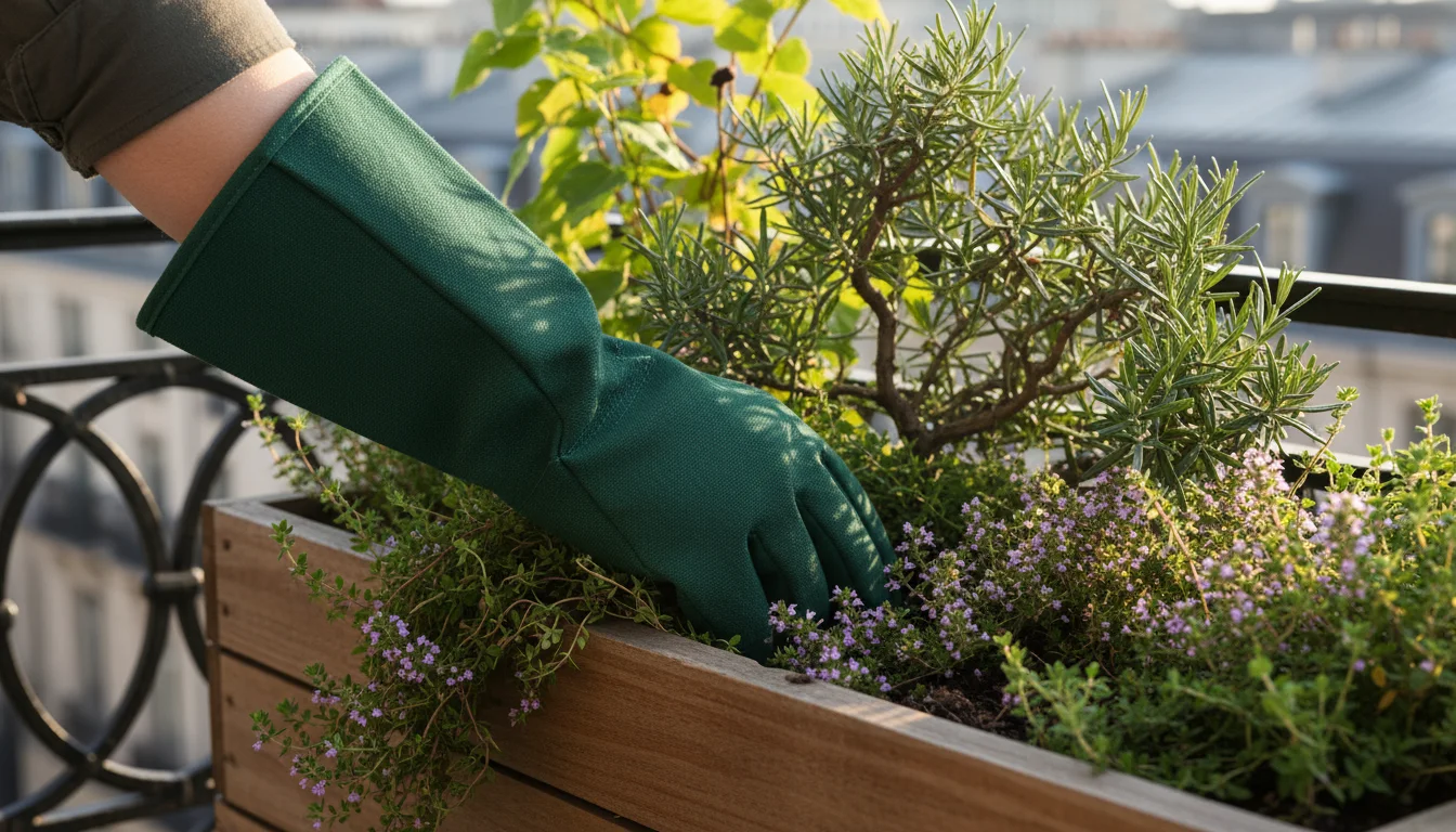 A gardener's arm in a long, forest-green gauntlet glove reaches deep into a dense balcony herb planter, showcasing forearm protection.