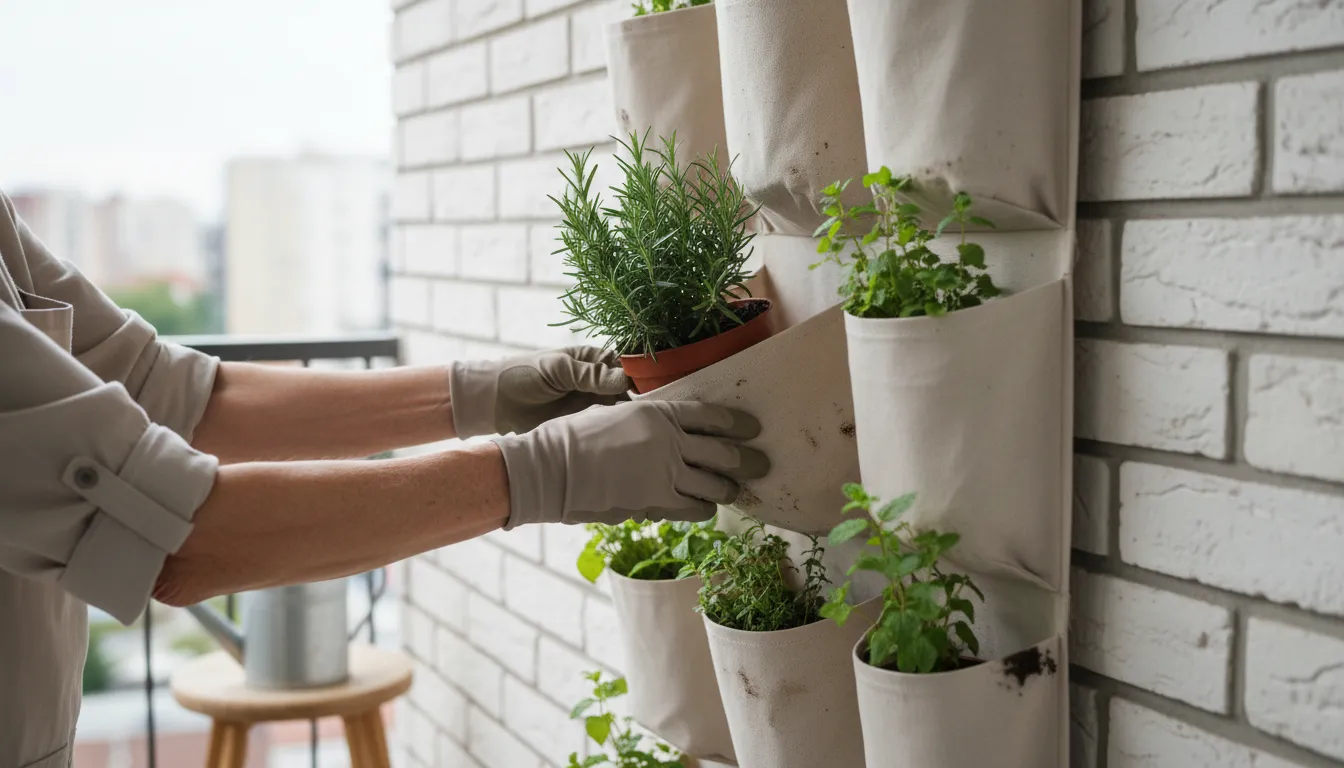 A senior gardener arranges small potted herbs into a hanging fabric shoe organizer on an apartment balcony, starting a vertical garden.