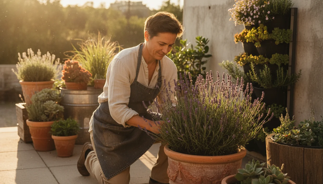 A gardener attentively inspects a lavender plant in a terracotta pot on a sunny patio, surrounded by other container plants.