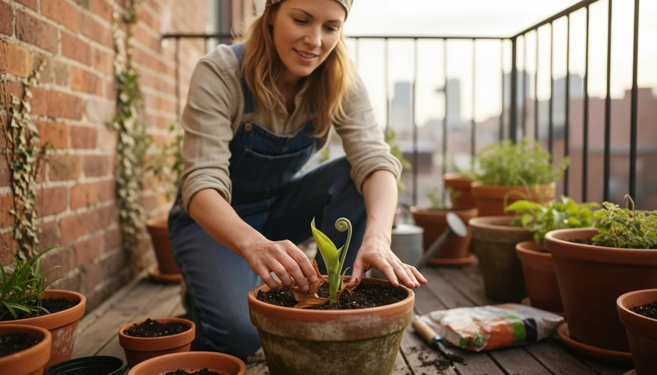 Gardener on a balcony brushing leaves from a pot, revealing a small green sprout.