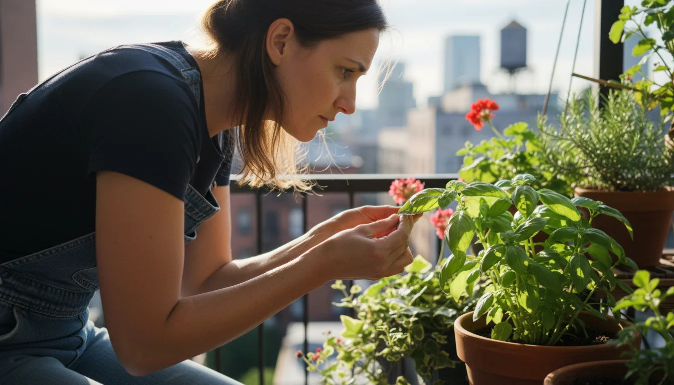 Gardener on a balcony closely inspecting the underside of a basil plant leaf in soft morning light, looking for pests.
