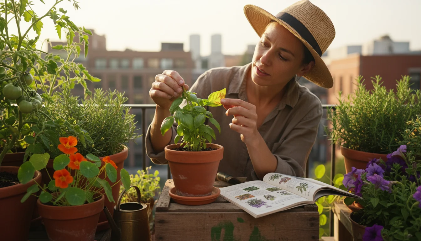 Gardener on balcony inspecting container basil plant with yellowed leaves next to an open seed catalog, contemplating a solution.