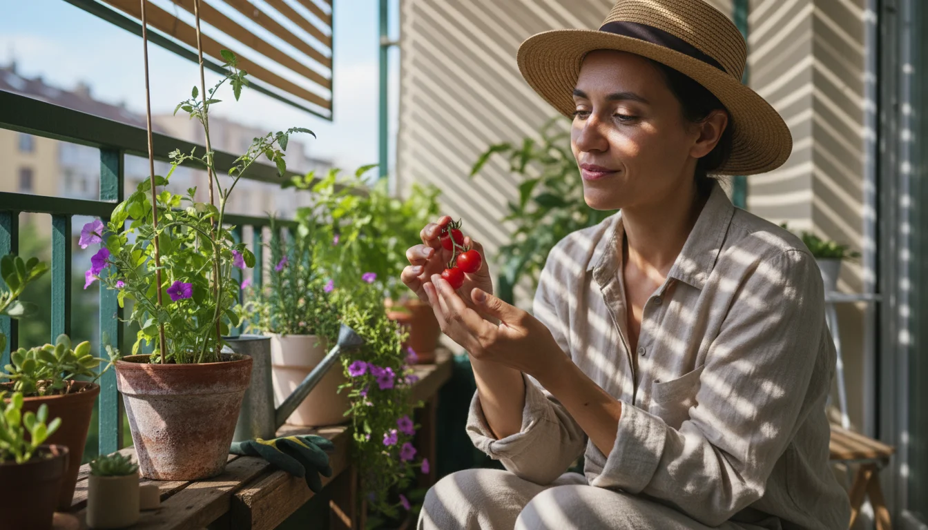 A gardener on a balcony carefully inspects a ripening cherry tomato on a container plant, surrounded by other potted greenery.