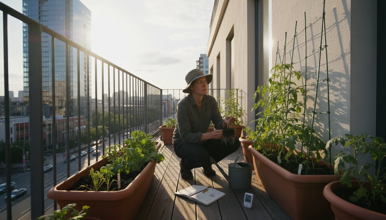 Gardener on a balcony in late afternoon, observing sun and shadows, holding a tomato seedling. Some plants show heat stress.