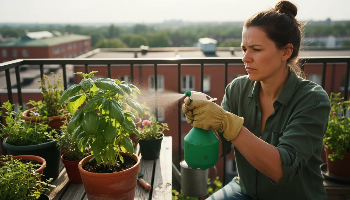 A gardener on a balcony meticulously sprays the underside of leaves on a potted herb plant with an organic solution.