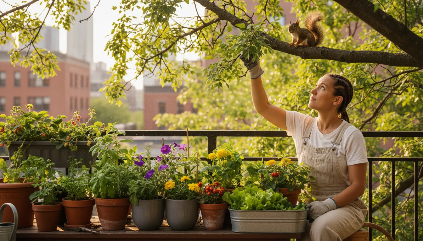 A gardener on a balcony observes an overhanging tree branch above densely arranged container plants.