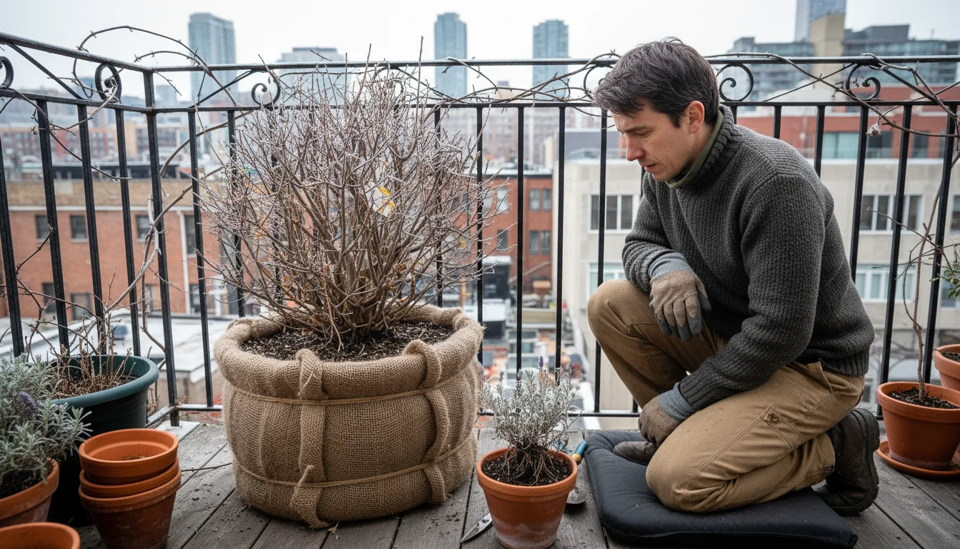 A gardener on a balcony observes a small, stressed lavender plant in a terracotta pot next to a larger, burlap-insulated container.