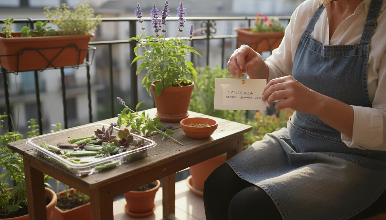 Gardener on balcony potting bench collecting calendula seeds, with a salvia cutting and succulent propagations nearby.