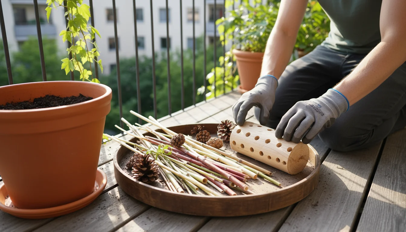 A gardener on a balcony sorts hollow stems, drilled logs, and pinecones on a wooden tray, preparing a winter insect shelter.