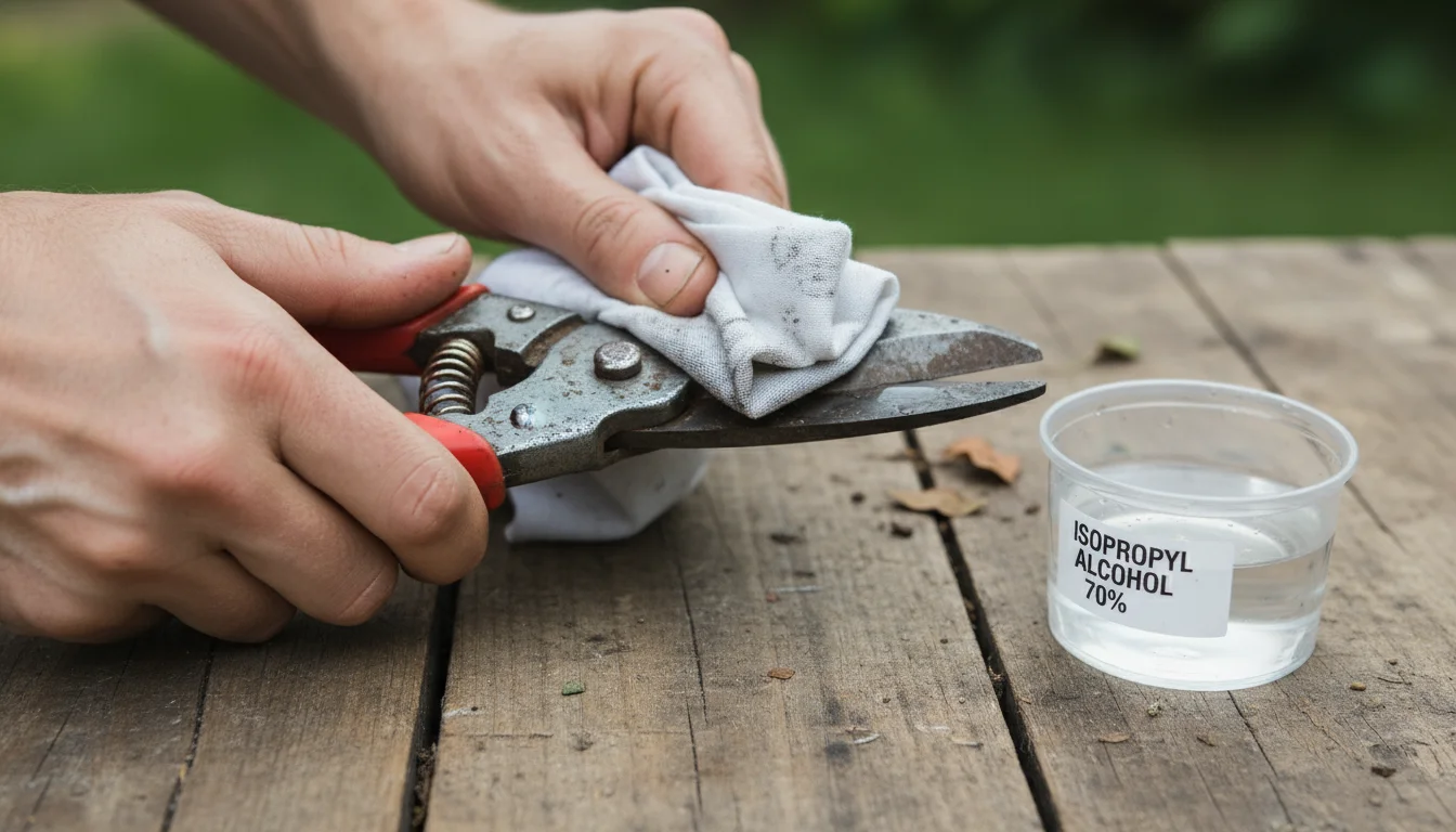Close-up of gardener's bare hands wiping silver bypass pruner blades with a white cloth and disinfectant solution on a patio.