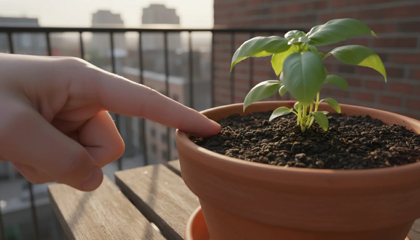 A gardener's bare index finger inserted three inches deep into the dark soil of a basil plant in a terracotta pot on a sunny balcony.