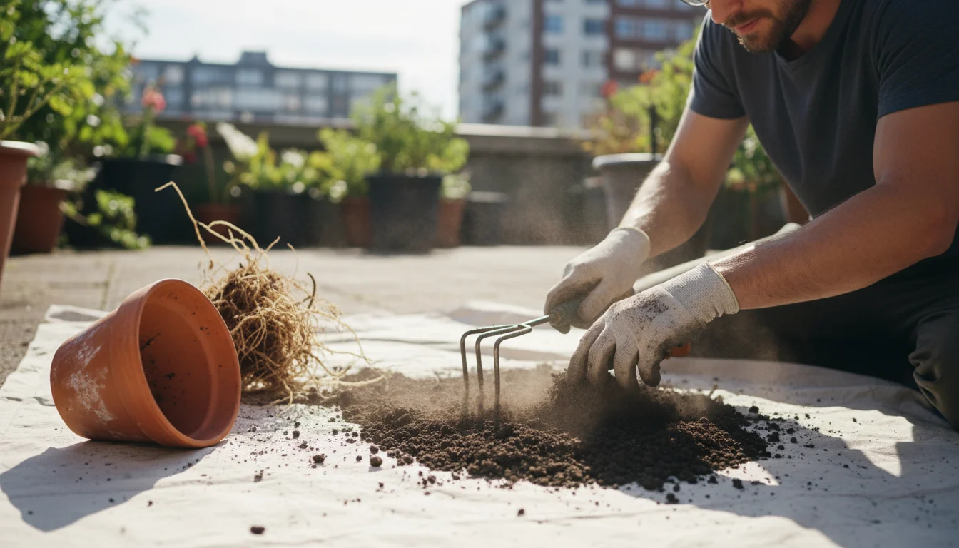 A gardener breaks up dense, dark potting soil on a tarp with a hand rake on a patio.