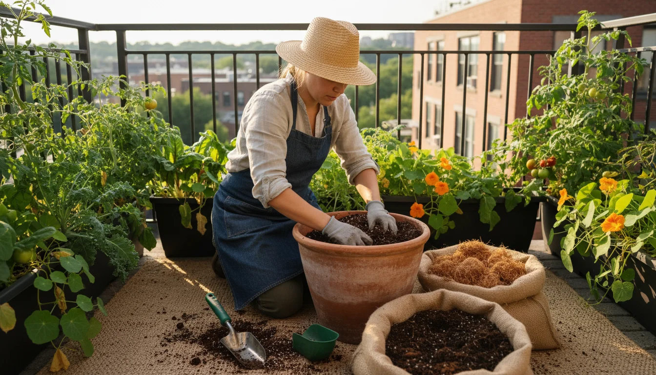 A gardener on a bright balcony mixes coco coir, compost, and old potting mix in a terracotta pot with her hands.