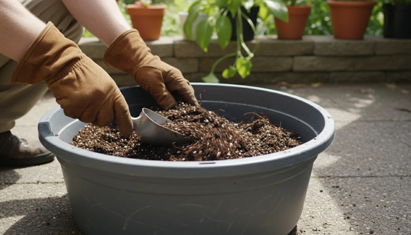 A gardener in brown gloves mixes dark soil, fresh compost, and perlite in a large grey plastic tub on a concrete patio.