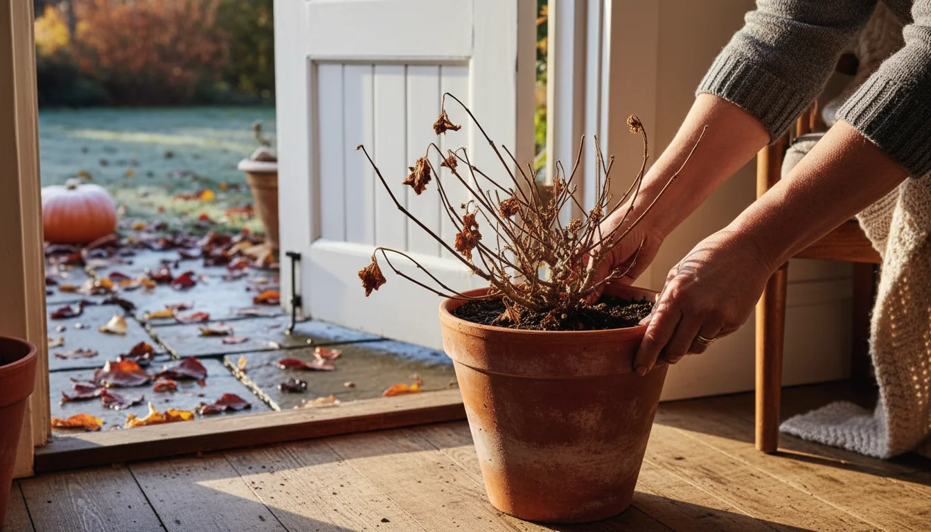 A gardener carries a potted, dormant geranium from a small patio indoors through a sunlit doorway, transitioning it for winter protection.