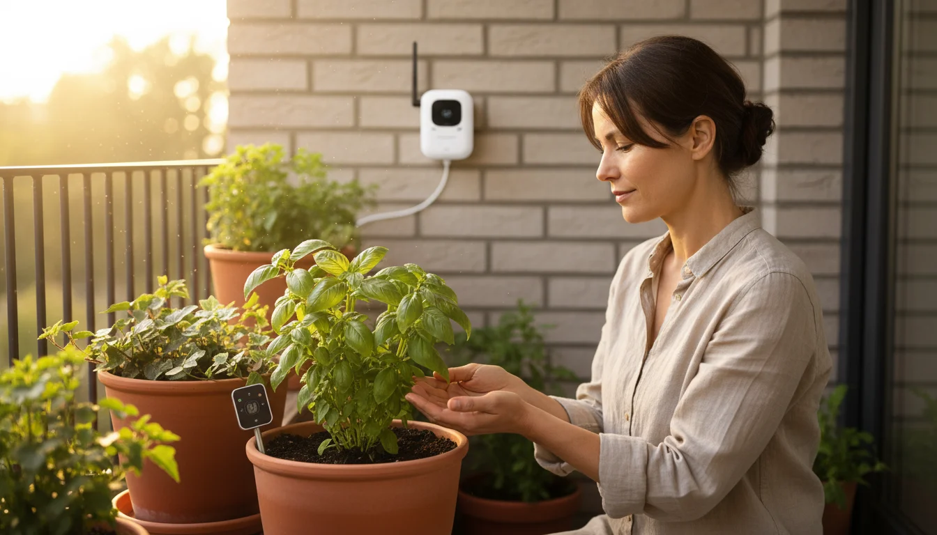 A gardener gently checks basil leaves in a pot on a balcony, with a smart soil sensor and watering hub subtly visible nearby.