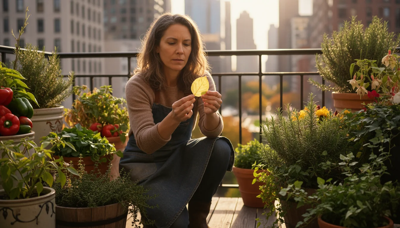 Gardener on a city balcony gently turning a slightly yellowing fuchsia leaf, surrounded by other container plants in soft morning light.