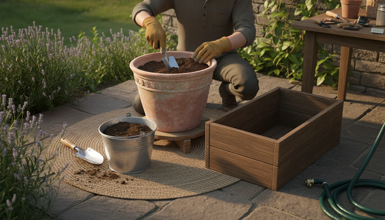 A gardener cleaning an old terracotta pot, next to a bucket of amended potting mix and a small stack of plastic nursery pots for recycling on a patio.