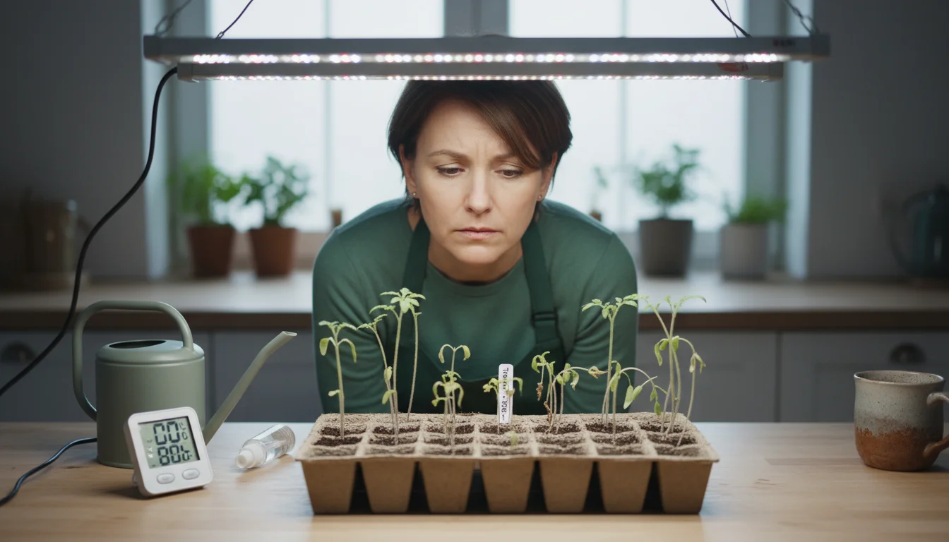 A gardener closely examines pale, leggy seedlings in an indoor seed-starting tray on a counter.