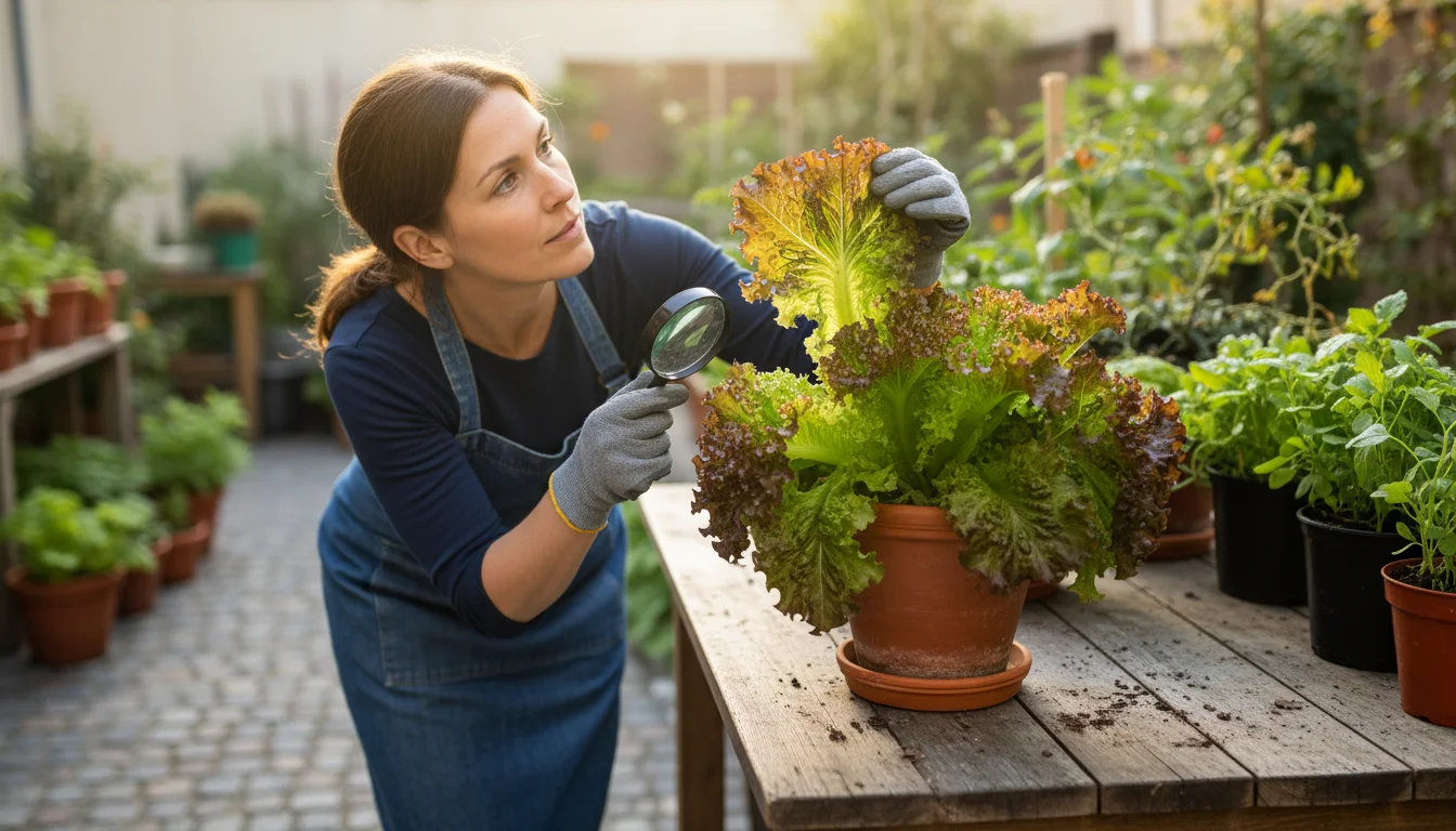 A gardener closely inspecting the underside of a vibrant green lettuce leaf growing in a terracotta pot on a small patio table, bathed in soft morning