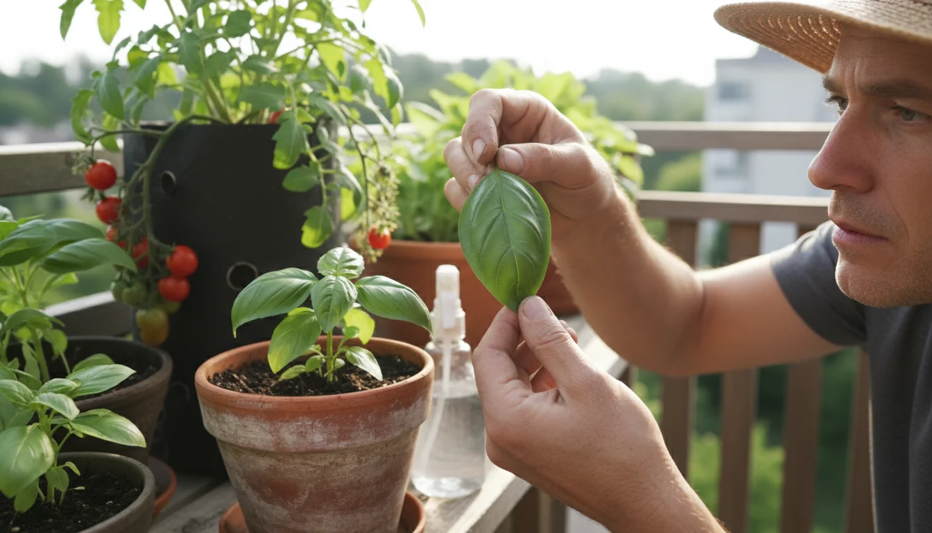 A gardener closely inspects a basil leaf in a terracotta pot on a sunny urban balcony, surrounded by thriving container plants.