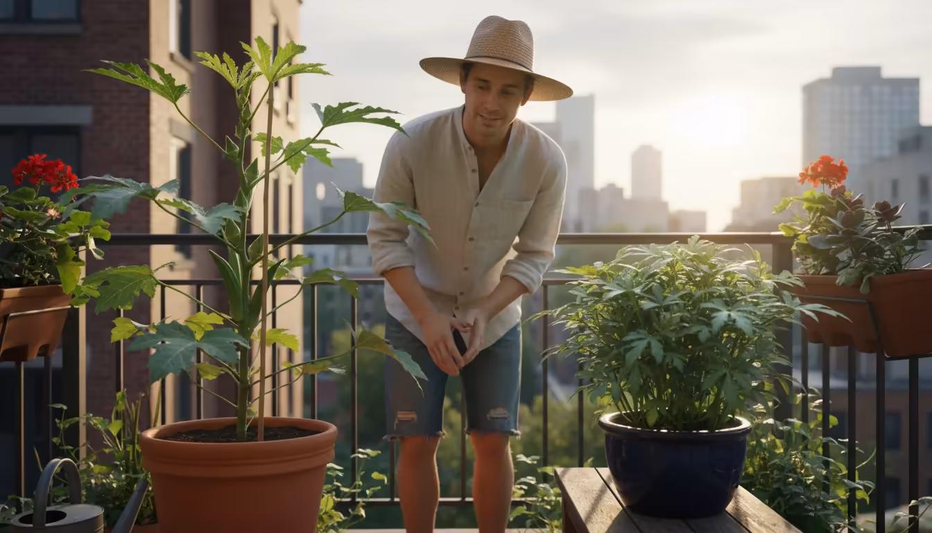 A gardener compares two different okra varieties growing in large pots on a sunny urban balcony, one taller with a stake, the other more compact.