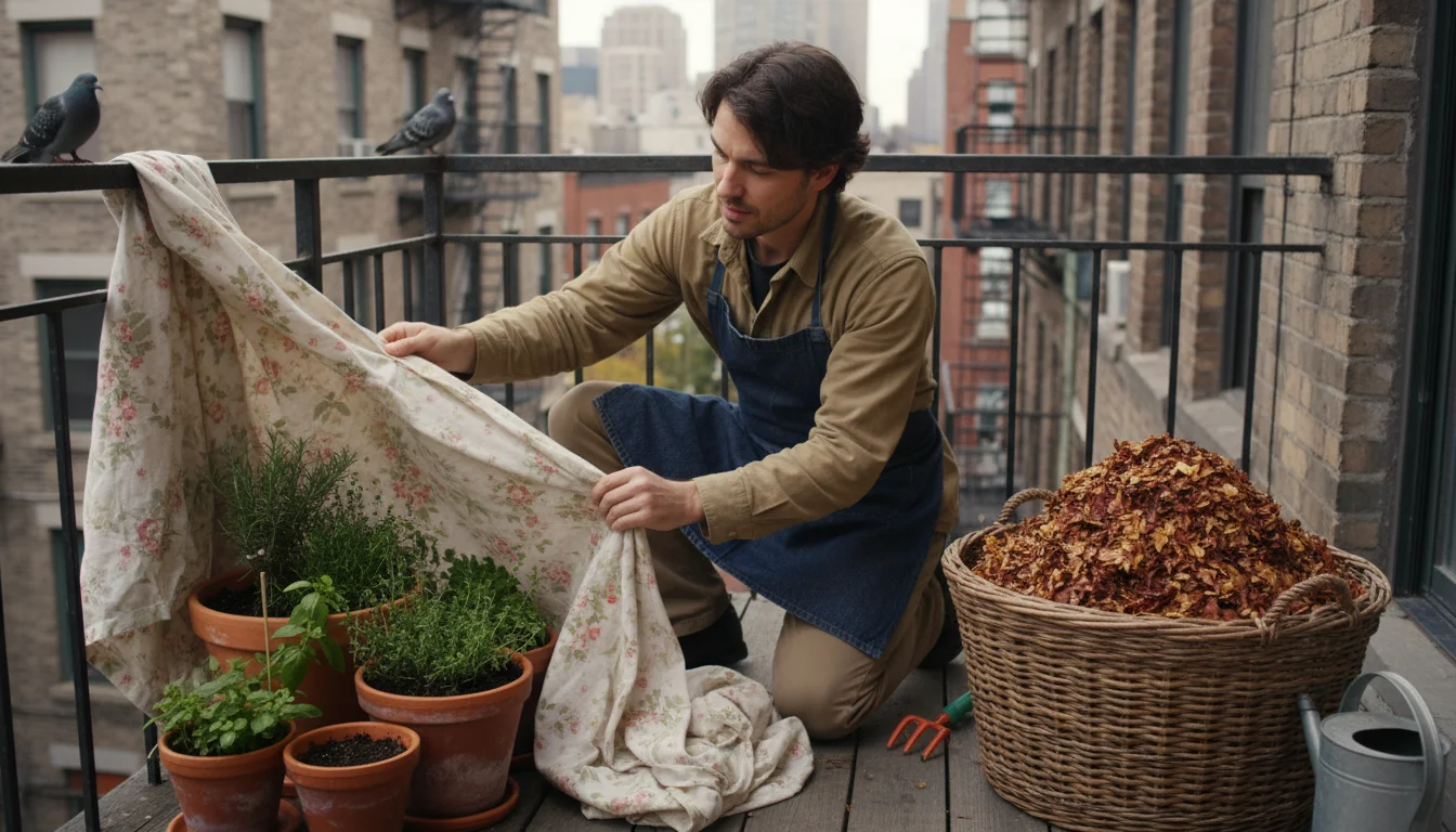 Gardener covers potted herbs on an urban balcony with a repurposed bedsheet, next to a basket of shredded leaves.