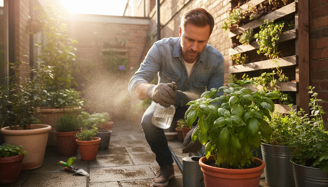 A gardener diligently mists the leaves of a container basil plant with a spray bottle on a sunlit patio, surrounded by other potted plants.