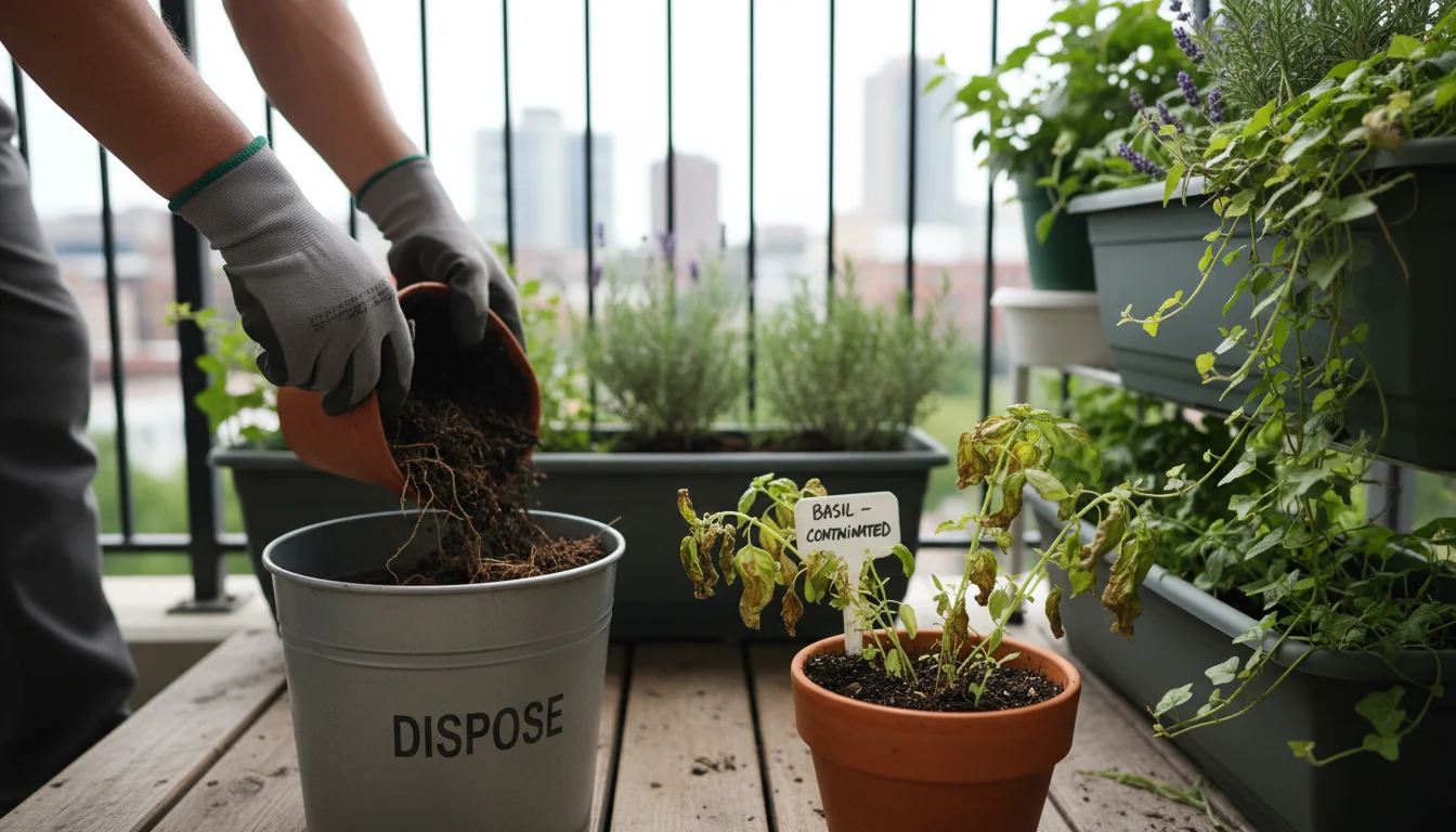 Gardener discards soil from a vertical planter pocket into a separate 'dispose' bucket on a balcony. Nearby basil plant shows yellowing, curled leaves