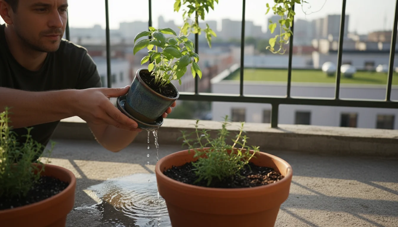 A gardener drains excess water from a basil pot's saucer on a sunny balcony. Another terracotta pot with a herb plant has damp soil.
