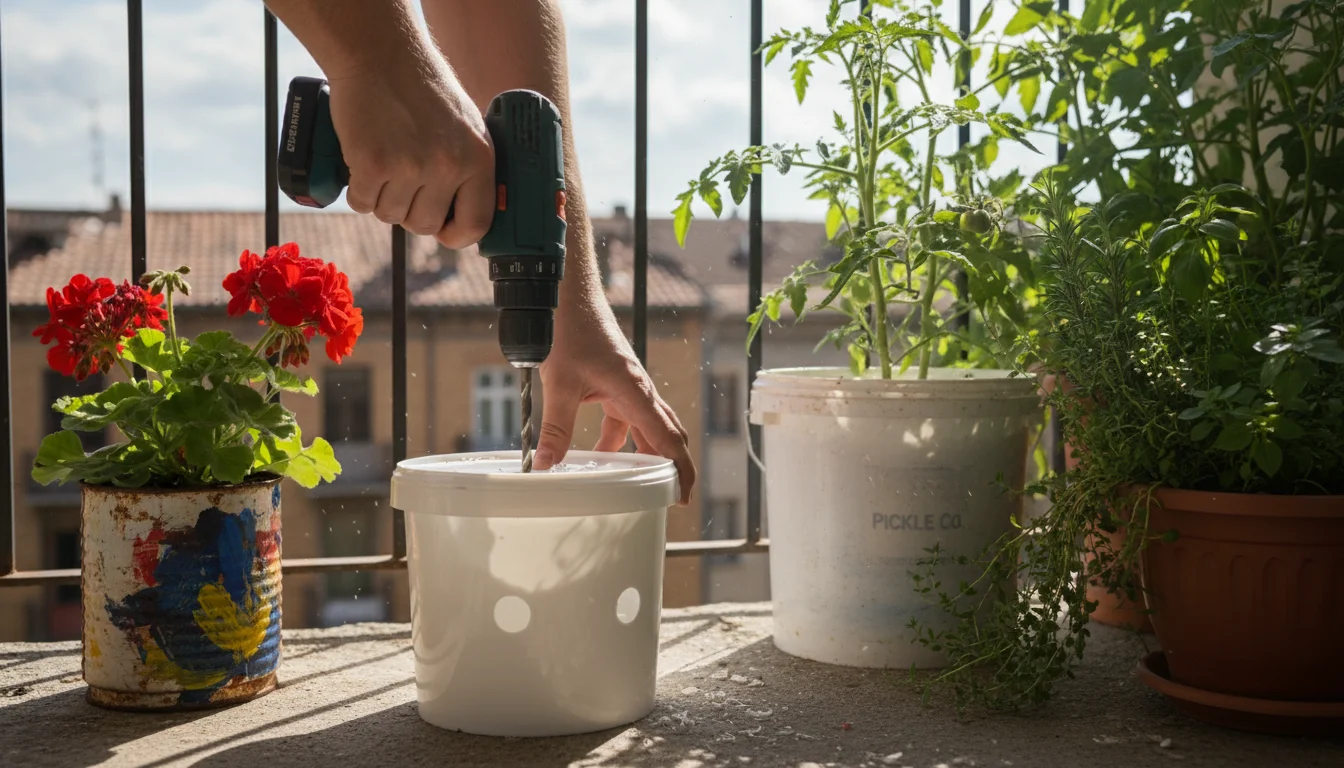 A gardener drills drainage holes into a yogurt tub on a balcony, surrounded by planted upcycled containers like a coffee can, 5-gallon bucket, and woo