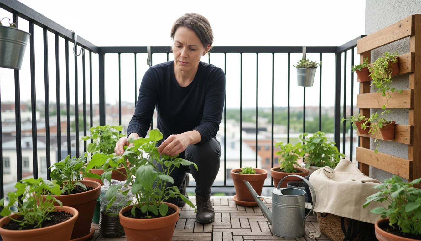 A gardener gently examines the leaves of a container plant on a sunny urban balcony, observing for early signs of stress.