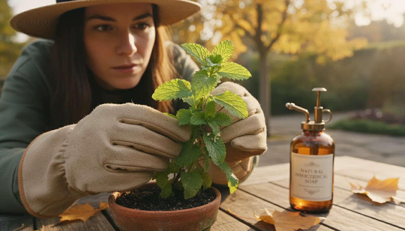 Gardener carefully examines a lemon balm leaf in a terracotta pot for small pests; a natural insecticidal spray bottle rests on a patio table.