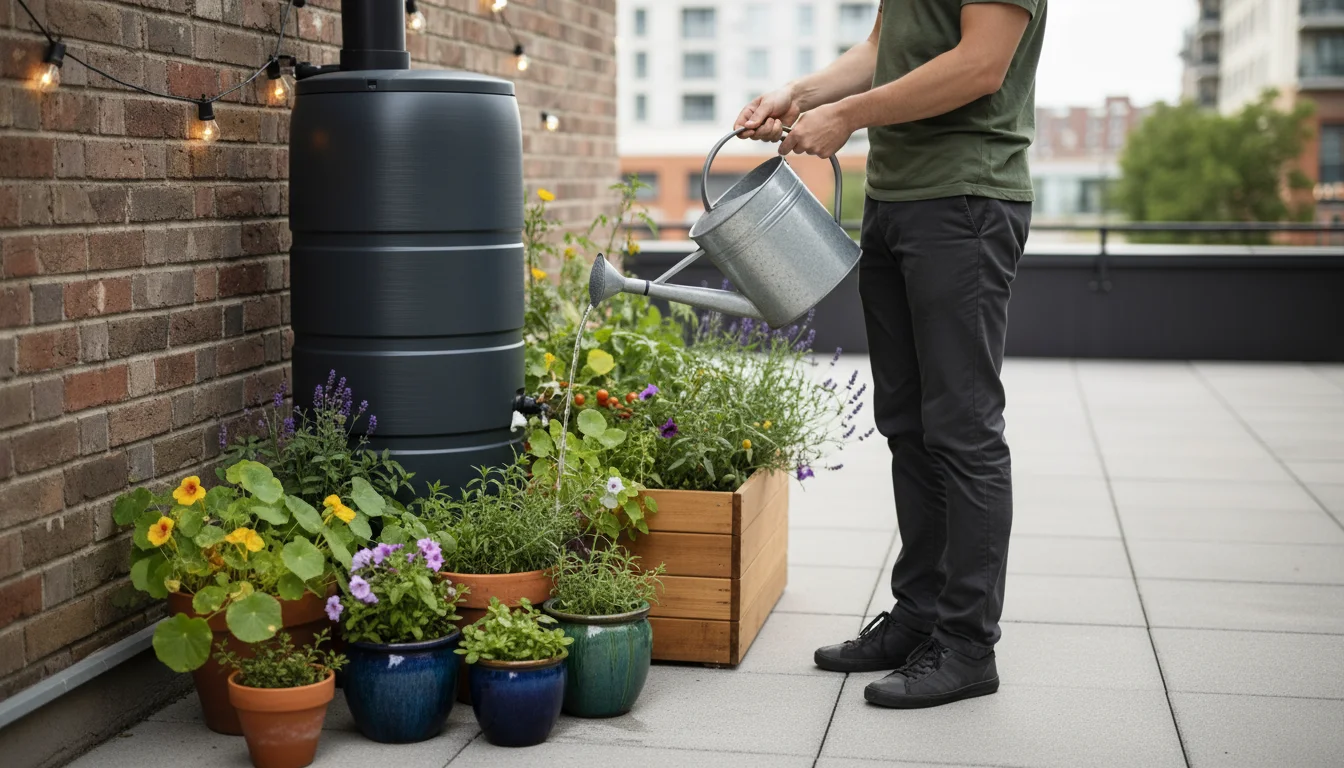 A gardener fills a metal watering can from a compact rain barrel on a small patio, surrounded by mulched container plants.