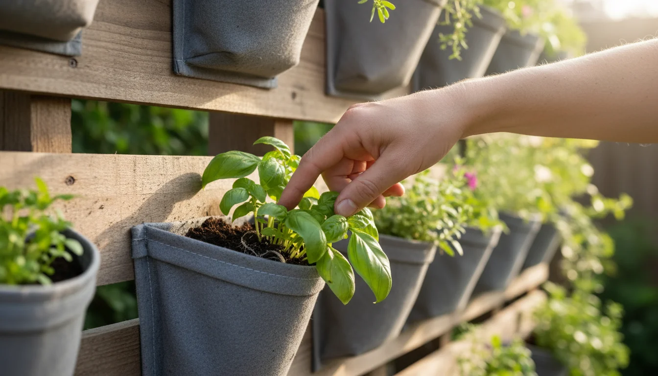 A gardener's finger checks soil moisture in a fabric pocket of a vertical pallet garden with green herbs.