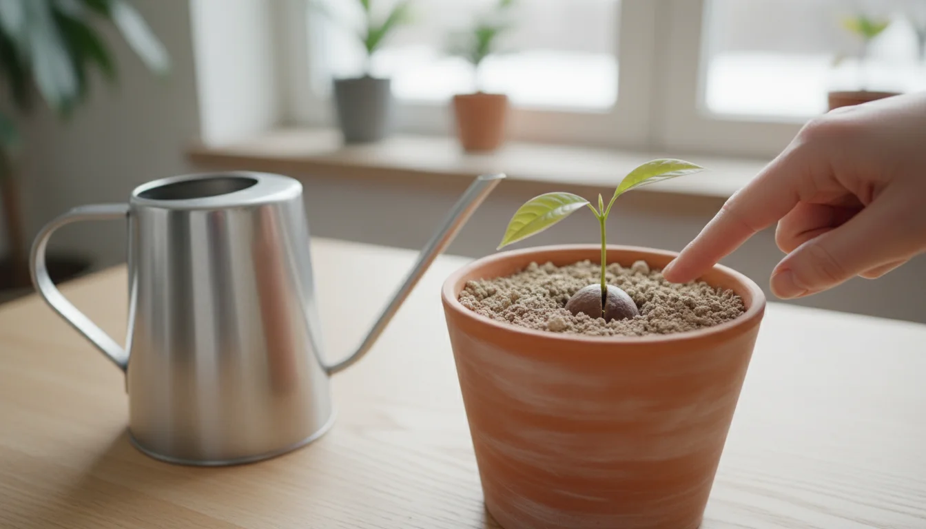 A gardener's finger checks the subtly dry soil in a terracotta pot with a young avocado sprout, a watering can nearby.